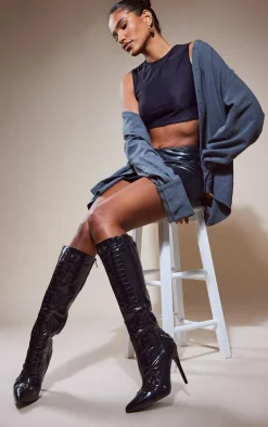 Black Croc PU Pointed Stiletto Heeled Knee Boots