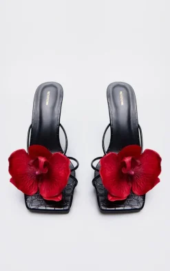 Black Croc PU Red Flower Square Toe Heeled Mules