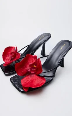Black Croc PU Red Flower Square Toe Heeled Mules