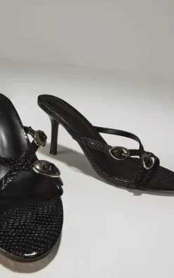 Black Croc PU Round Toe Silver Buckle Cross Strap Detail Heeled Sandals