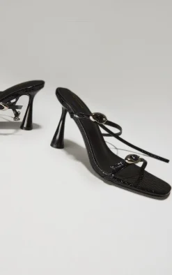 Black Croc PU Round Toe Silver Buckle Cross Strap Detail High Heeled Sandals