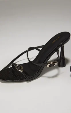 Black Croc PU Round Toe Silver Buckle Cross Strap Detail High Heeled Sandals