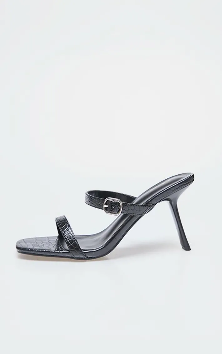 Black Croc PU Square Toe Strappy Heeled Mule Sandals