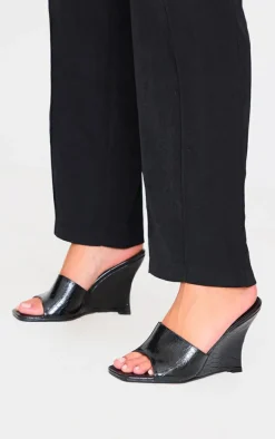 Black Croc PU Square Toe Wedge Heeled Sandals