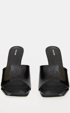 Black Croc PU Square Toe Wedge Heeled Sandals