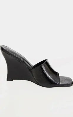 Black Croc PU Square Toe Wedge Heeled Sandals