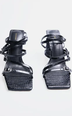 Black Croc PU Square Toe Buckle Strappy Block Heeled Sandals