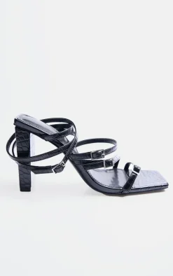 Black Croc PU Square Toe Buckle Strappy Block Heeled Sandals