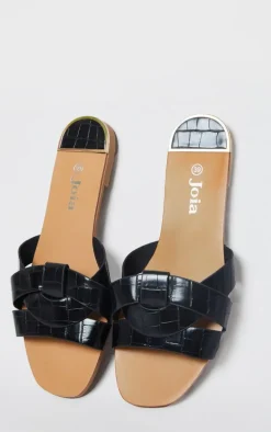 Black Croc PU Strap Over Flat Sandals