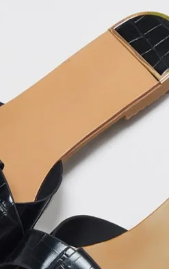 Black Croc PU Strap Over Flat Sandals