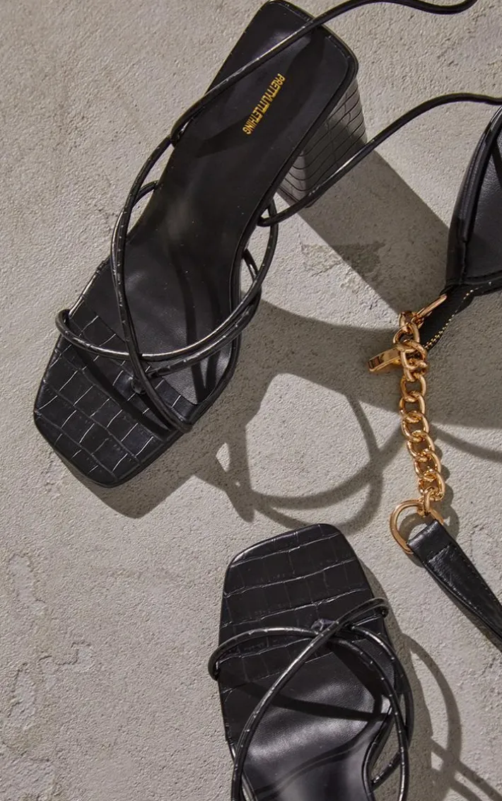 Black Croc PU Toe Loop Lace Up Chunky Block Heeled Sandals