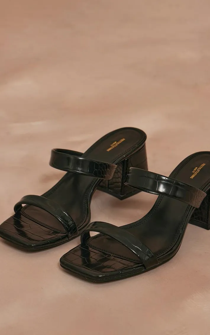 Black Croc Pu Wide Fit Square Toe Block Heeled Mules