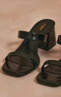 Black Croc Pu Wide Fit Square Toe Block Heeled Mules