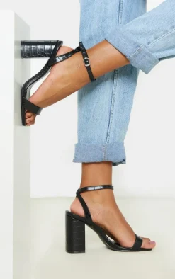 Black Croc Wide Fit Chunky Block Heel Strappy Sandal