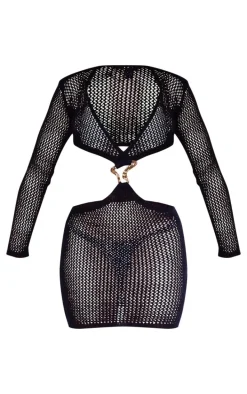 Black Crochet Gold Trim Cut Out Beach Dress