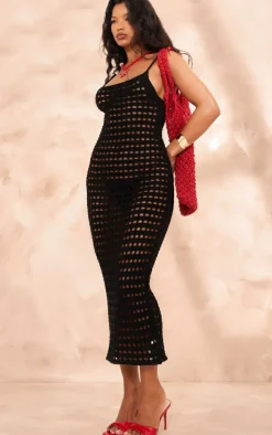 Black Crochet Strappy Maxi Dress