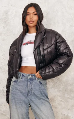 Black Cropped Oversized Collar Detail Puffer Jacket