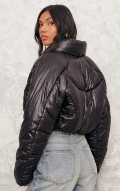 Black Cropped Oversized Collar Detail Puffer Jacket