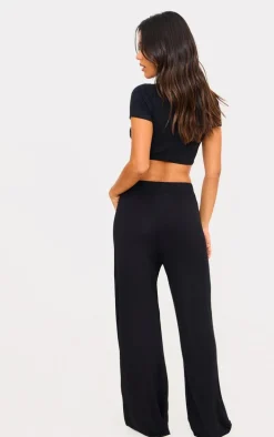 Black Cropped T-Shirt And Wide Leg PJ Set Pants