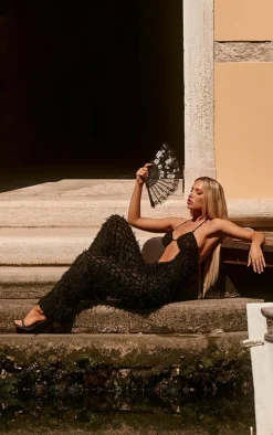 Black Cross Front Textured Wide Leg Jumpsuit