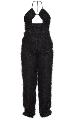 Black Cross Front Textured Wide Leg Jumpsuit