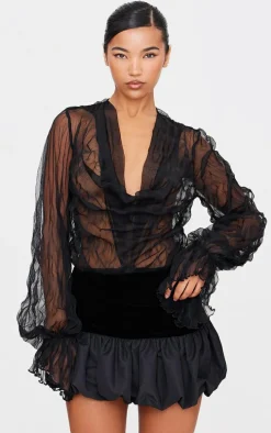 Black Crushed Mesh Sheer Cowl Bodysuit