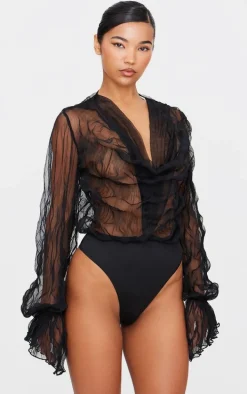 Black Crushed Mesh Sheer Cowl Bodysuit