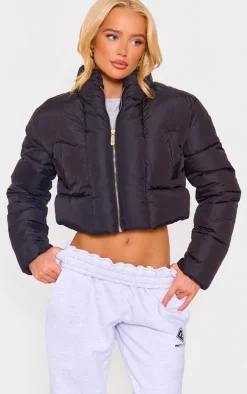 Black Curved Collar Seam Detail Cropped Puffer Jacket