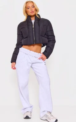 Black Curved Collar Seam Detail Cropped Puffer Jacket