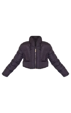 Black Curved Collar Seam Detail Cropped Puffer Jacket