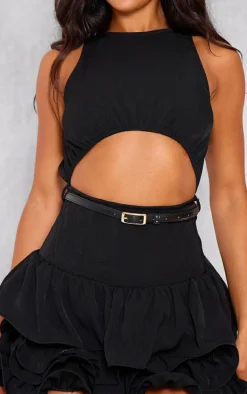 Black Cut Out Belted Frill Hem Mini Dress