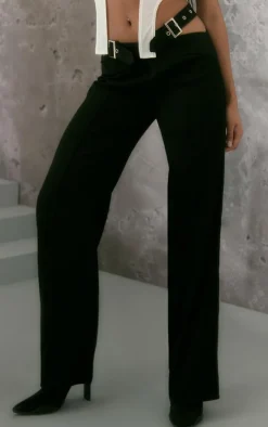 Black Cut Out Buckle Detail Waistband Straight Leg Pants