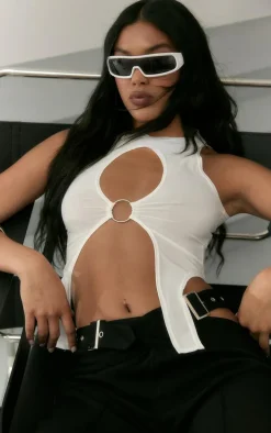 Black Cut Out Buckle Detail Waistband Straight Leg Pants