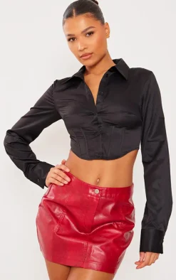 Black Cut Out Dip Hem Boned Shirt