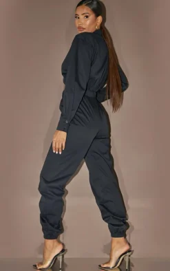Black Cut Out Long Sleeve Utility Cargo Jumpsuit