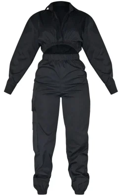 Black Cut Out Long Sleeve Utility Cargo Jumpsuit