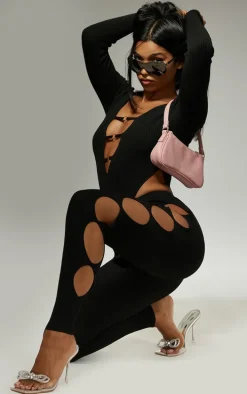 Black Cut Out Rib Knit Leggings