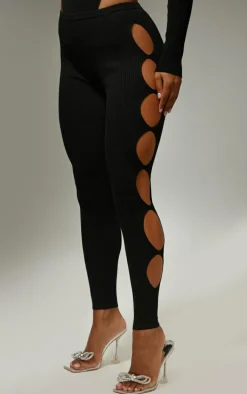 Black Cut Out Rib Knit Leggings