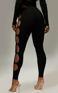 Black Cut Out Rib Knit Leggings