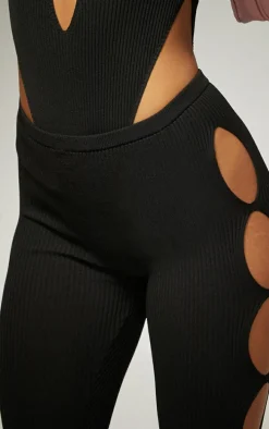 Black Cut Out Rib Knit Leggings