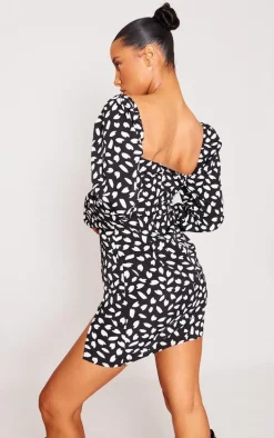 Black Dalmatian Print Bow Detail Side Split Bodycon Dress