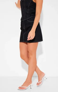 Black Denim Contrast Stitch Mini Skirt