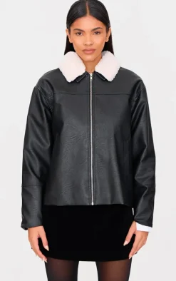 Black Detachable Faux Fur Collar Faux Leather Jacket