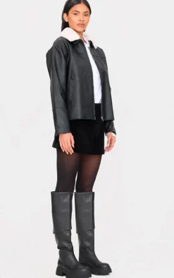 Black Detachable Faux Fur Collar Faux Leather Jacket