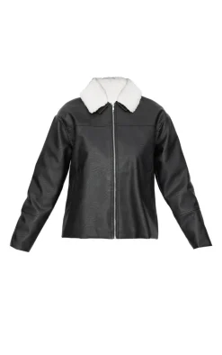 Black Detachable Faux Fur Collar Faux Leather Jacket