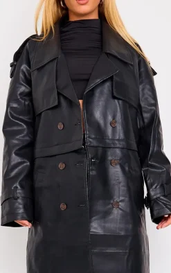 Black Detachable Hem Faux Leather Trench Coat