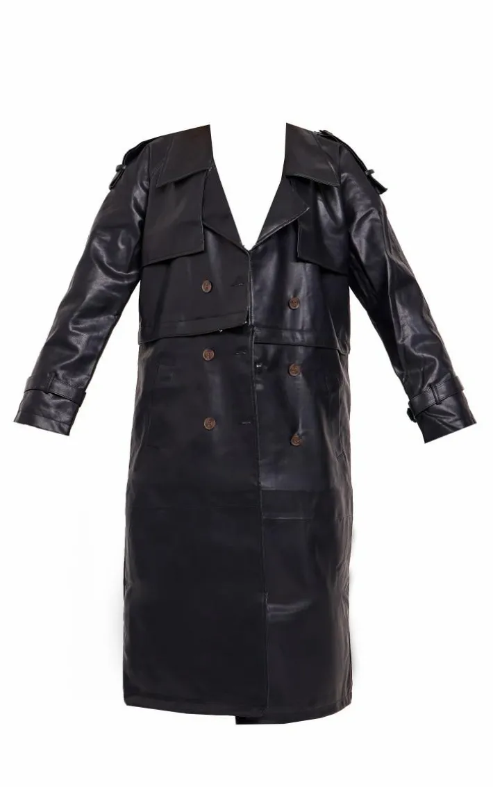 Black Detachable Hem Faux Leather Trench Coat
