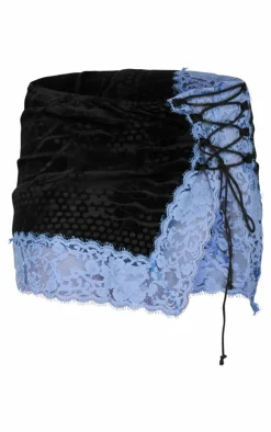 Black Devore Lace Trim Tie Front Detail Mini Skirt