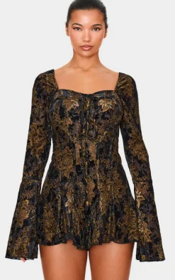 Black Devore Long Sleeve Romper