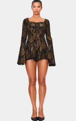 Black Devore Long Sleeve Romper